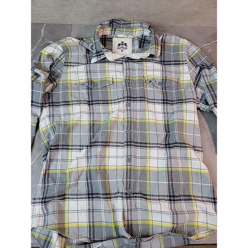 Express Button Down Flannel Shirt Men's Size XL White Gray‎ Plaid Long Sleeve